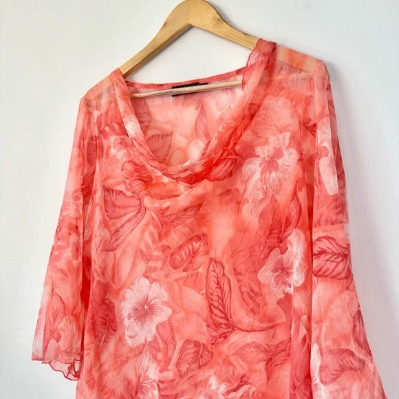 Vintage Picadilly Orange and Pink Floral Asymmetrical Sheer Blouse 3/4 Sleeves - Picture 5 of 15